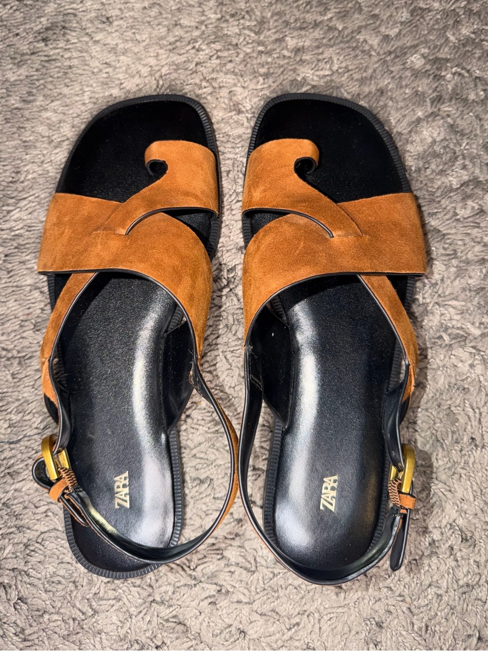 ZARA Burnt Orange Suede Cross-Strap Slide Sandals with Black Footbed